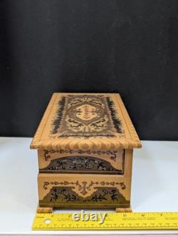 Vintage Reuge Italy Inlaid Wood Marquetry Fold Out Jewelry Box Red