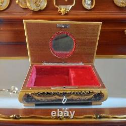 Vintage Reuge Italy Wood Musical Jewelry Box Swiss Glossy Footbeds Mirror