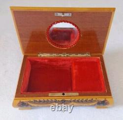 Vintage Reuge Italy Wood Musical Jewelry Box Swiss Glossy Footbeds Mirror