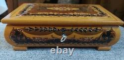 Vintage Reuge Italy Wood Musical Jewelry Box Swiss Glossy Footbeds Mirror