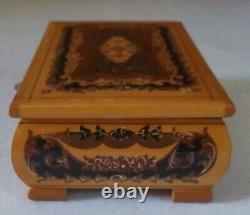 Vintage Reuge Italy Wood Musical Jewelry Box Swiss Glossy Footbeds Mirror