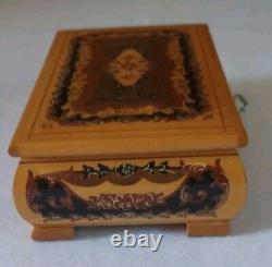 Vintage Reuge Italy Wood Musical Jewelry Box Swiss Glossy Footbeds Mirror