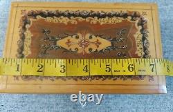 Vintage Reuge Italy Wood Musical Jewelry Box Swiss Glossy Footbeds Mirror