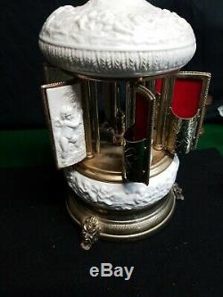 Vintage Reuge Ivory Porcelain Carousel Cigarette Lipstick Dispenser Music Box