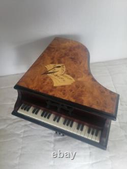 Vintage Reuge Jewelry Music Box Grand Piano Shape Musical Wood Inlay Beethoven
