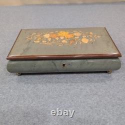Vintage Reuge Music Box Floral Wood Inlay Green Marbled Swiss Mvmnt Jewelry Box