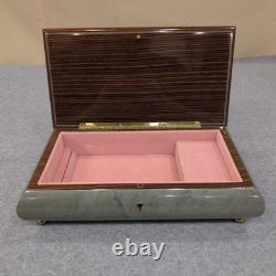 Vintage Reuge Music Box Floral Wood Inlay Green Marbled Swiss Mvmnt Jewelry Box