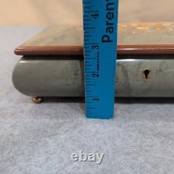 Vintage Reuge Music Box Floral Wood Inlay Green Marbled Swiss Mvmnt Jewelry Box