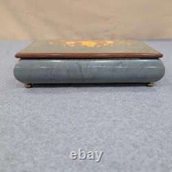 Vintage Reuge Music Box Floral Wood Inlay Green Marbled Swiss Mvmnt Jewelry Box