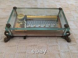 Vintage Reuge Music Box Sainte Croix Crystal Clear Glass 3/72 With Dolphin Legs