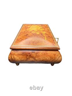 Vintage Reuge Romance Swiss Music Box Roses from the South Inlay Burl Wood