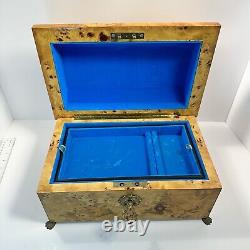 Vintage Reuge Saint Croix Inlaid Wooden Bronze Footed Keyed Jewelry Box 13 inch