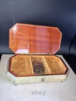 Vintage Reuge Sorrento Rectangle Inlaid Wood Footed Jewelry Music Box Italy