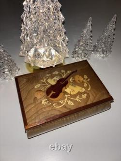 Vintage Reuge Swiss Inlaid Wooden Jewelry Box Violin Music Box