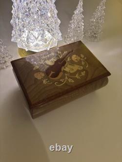 Vintage Reuge Swiss Inlaid Wooden Jewelry Box Violin Music Box