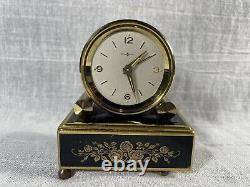 Vintage Reuge Swiss Mechanical Alarm Clock Music Box Black Gold 1950s-60s Read