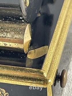 Vintage Reuge Swiss Mechanical Alarm Clock Music Box Black Gold 1950s-60s Read