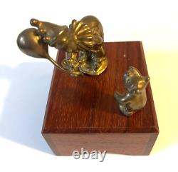 Vintage Reuge Swiss Music Box Brass Clown & Bear Automaton Winding Key Wood Base