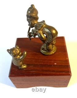 Vintage Reuge Swiss Music Box Brass Clown & Bear Automaton Winding Key Wood Base
