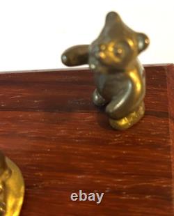 Vintage Reuge Swiss Music Box Brass Clown & Bear Automaton Winding Key Wood Base