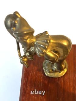 Vintage Reuge Swiss Music Box Brass Clown & Bear Automaton Winding Key Wood Base