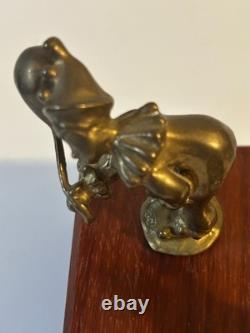Vintage Reuge Swiss Music Box Brass Clown & Bear Automaton Winding Key Wood Base