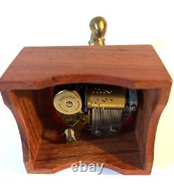Vintage Reuge Swiss Music Box Brass Clown & Bear Automaton Winding Key Wood Base