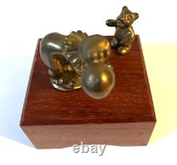 Vintage Reuge Swiss Music Box Brass Clown & Bear Automaton Winding Key Wood Base