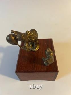 Vintage Reuge Swiss Music Box Brass Clown & Bear Automaton Winding Key Wood Base