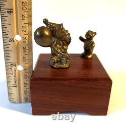 Vintage Reuge Swiss Music Box Brass Clown & Bear Automaton Winding Key Wood Base