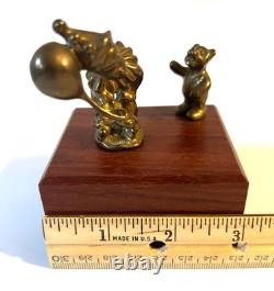 Vintage Reuge Swiss Music Box Brass Clown & Bear Automaton Winding Key Wood Base