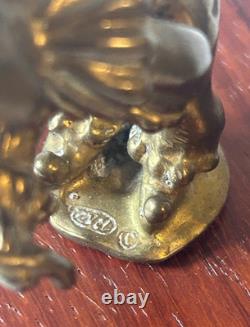Vintage Reuge Swiss Music Box Brass Clown & Bear Automaton Winding Key Wood Base