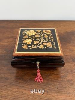 Vintage Reuge Swiss Music Jewelry Box Key The Rainbow Connection Floral Inlay