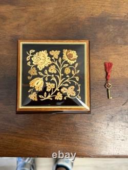 Vintage Reuge Swiss Music Jewelry Box Key The Rainbow Connection Floral Inlay