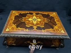Vintage Reuge Swiss Music King's Box 3/72 Wood Inlay, 9.75 x 6.25 x 4.25