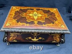 Vintage Reuge Swiss Music King's Box 3/72 Wood Inlay, 9.75 x 6.25 x 4.25