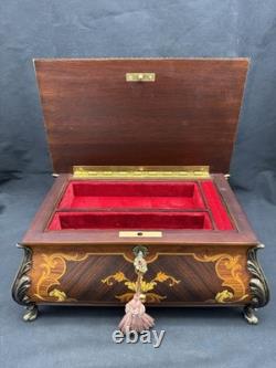 Vintage Reuge Swiss Music King's Box 3/72 Wood Inlay, 9.75 x 6.25 x 4.25