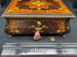 Vintage Reuge Swiss Music King's Box 3/72 Wood Inlay, 9.75 x 6.25 x 4.25