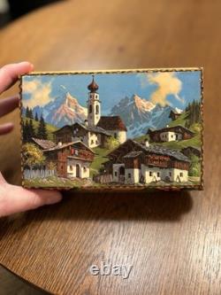 Vintage Reuge Swiss Musical Movement Wooden Music Box Tirol Hand Painted A4