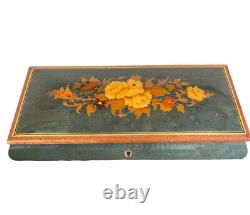 Vintage Reuge Wood Green Lacquer Floral Musical Jewelry Box Italy Plays Camelot