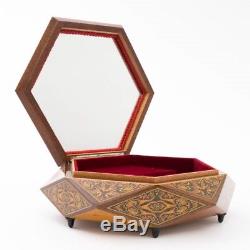 Vintage Reuge Wood Inlay Hexagon Mirror Music Box Love Story Made in Italy 10