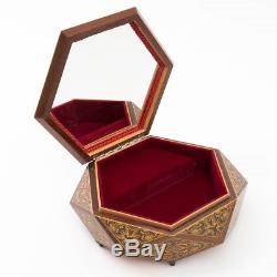 Vintage Reuge Wood Inlay Hexagon Mirror Music Box Love Story Made in Italy 10