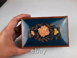 Vintage Reuge Wooden Footed Floral Inlay Music Jewelry Trinket Box Sainte Croix