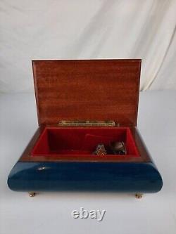 Vintage Reuge Wooden Footed Floral Inlay Music Jewelry Trinket Box Sainte Croix