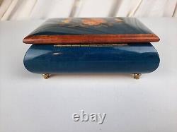 Vintage Reuge Wooden Footed Floral Inlay Music Jewelry Trinket Box Sainte Croix