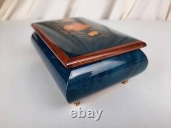 Vintage Reuge Wooden Footed Floral Inlay Music Jewelry Trinket Box Sainte Croix