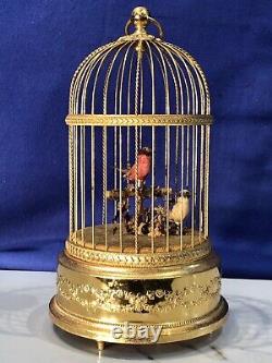 Vintage SWISS, Brass Cage Singing Automaton Birds Music Box, Key Wound, 2 Birds