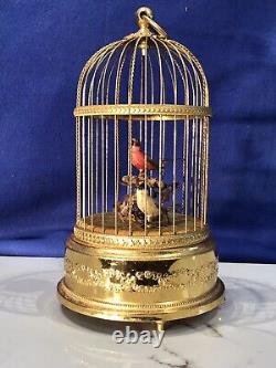 Vintage SWISS, Brass Cage Singing Automaton Birds Music Box, Key Wound, 2 Birds
