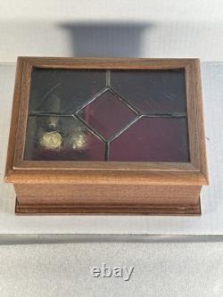 Vintage Stained Glass Lid Reuge Music Box Switzerland Key Wind Keepsake Wood