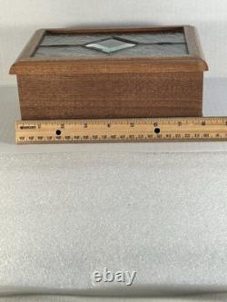 Vintage Stained Glass Lid Reuge Music Box Switzerland Key Wind Keepsake Wood